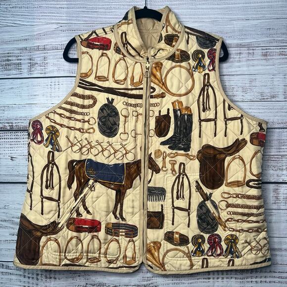 Ralph Lauren LRL Women 2X Reversible Quilted Silk Equestrian Horse Print Vest